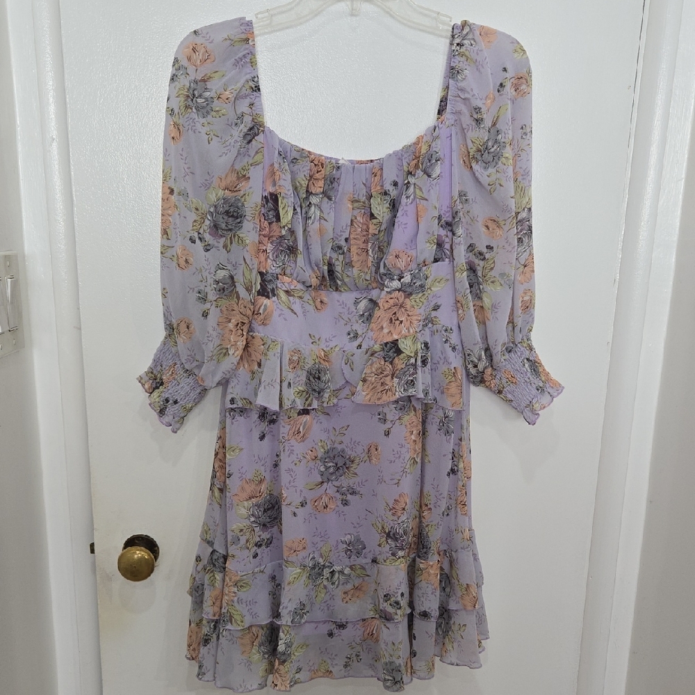 Romantic Floral Cottagecore In Lavender & Pink With Sheer Sleeves Flowy Dress